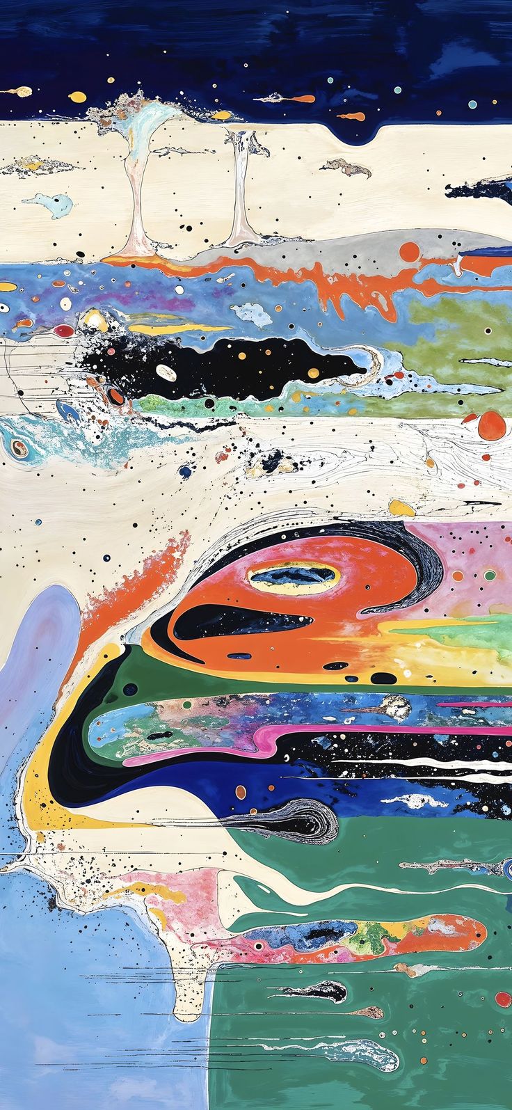 Abstract painting with many colours and motifs
